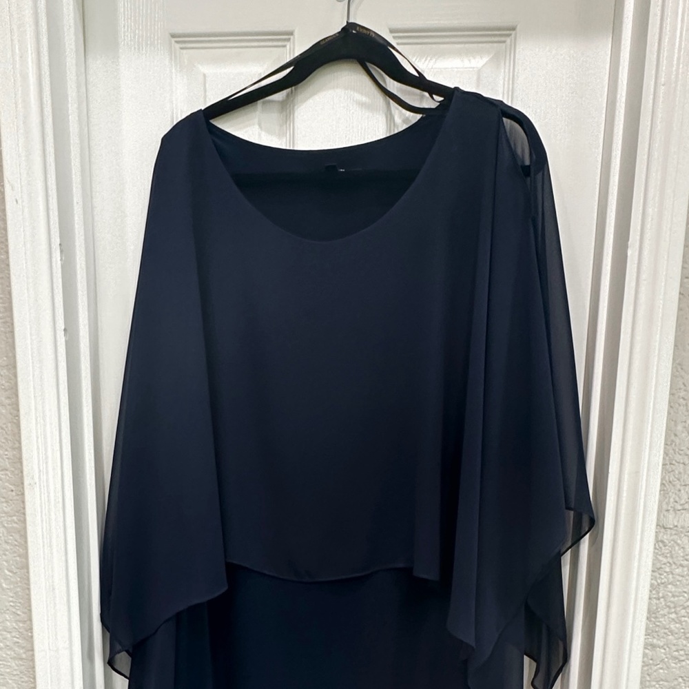 Navy sheath dress with chiffon overlay